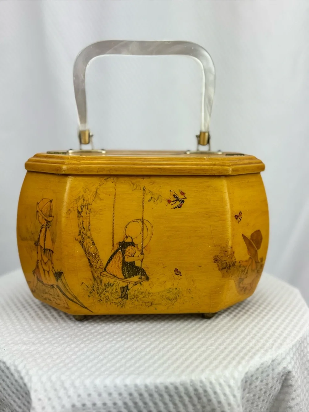 Vintage 70’s Holly Hobbie Decoupage Wooden Purse, box, jewelry,trinkets